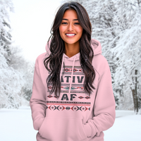 Light pink pullover hoodie with Native AF tribal graphic, hood drawstrings, front kangaroo pocket