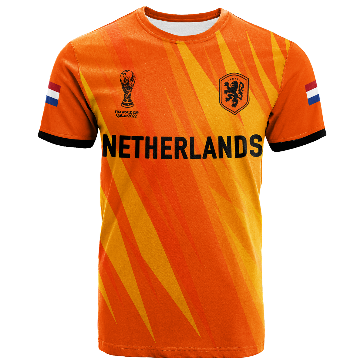 Orange Netherlands football T-shirt with front crest, sponsor icons, and 'NETHERLANDS' text