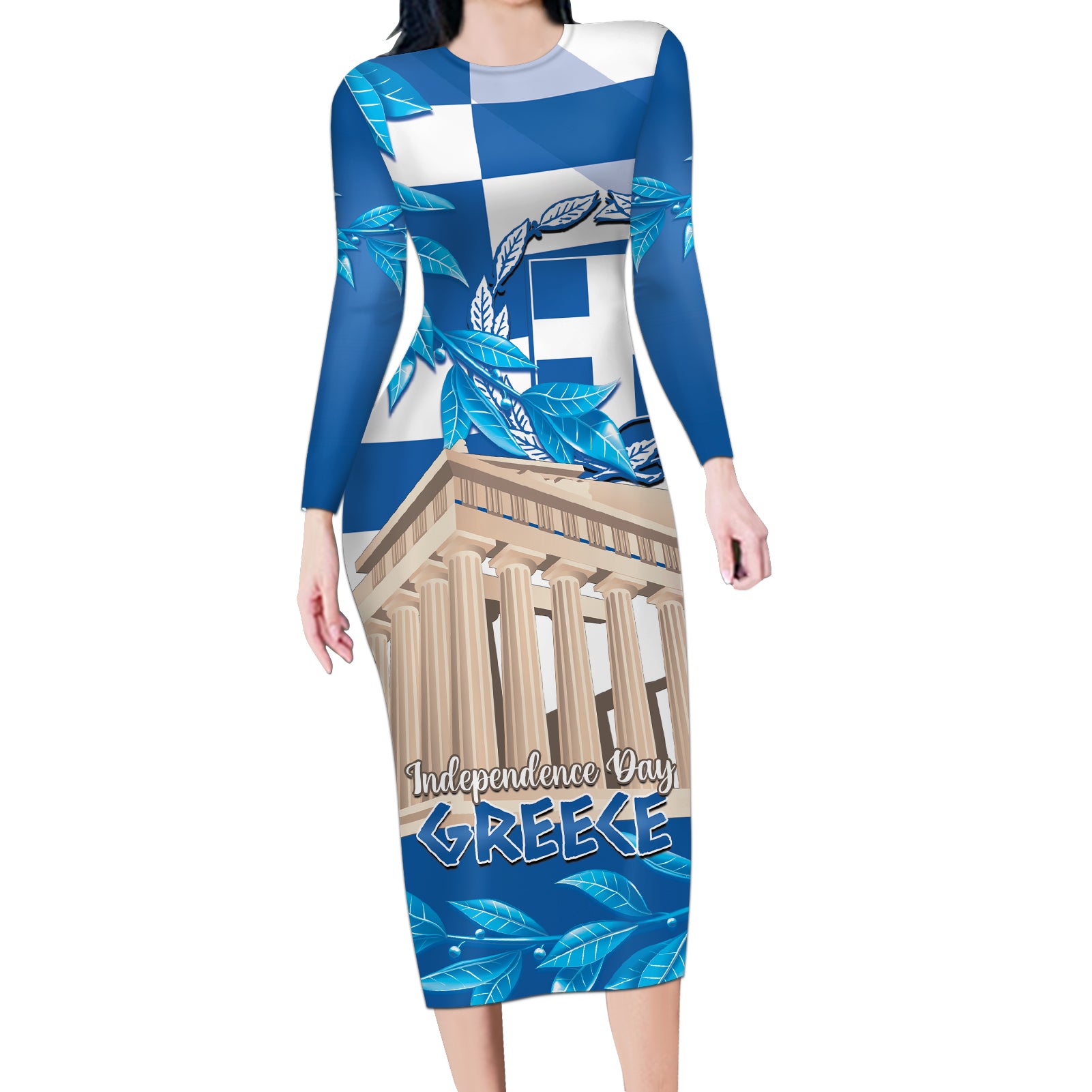 Personalised Greece Independence Day Long Sleeve Bodycon Dress Acropolis Mix Laurel Branch - Wonder Print Shop