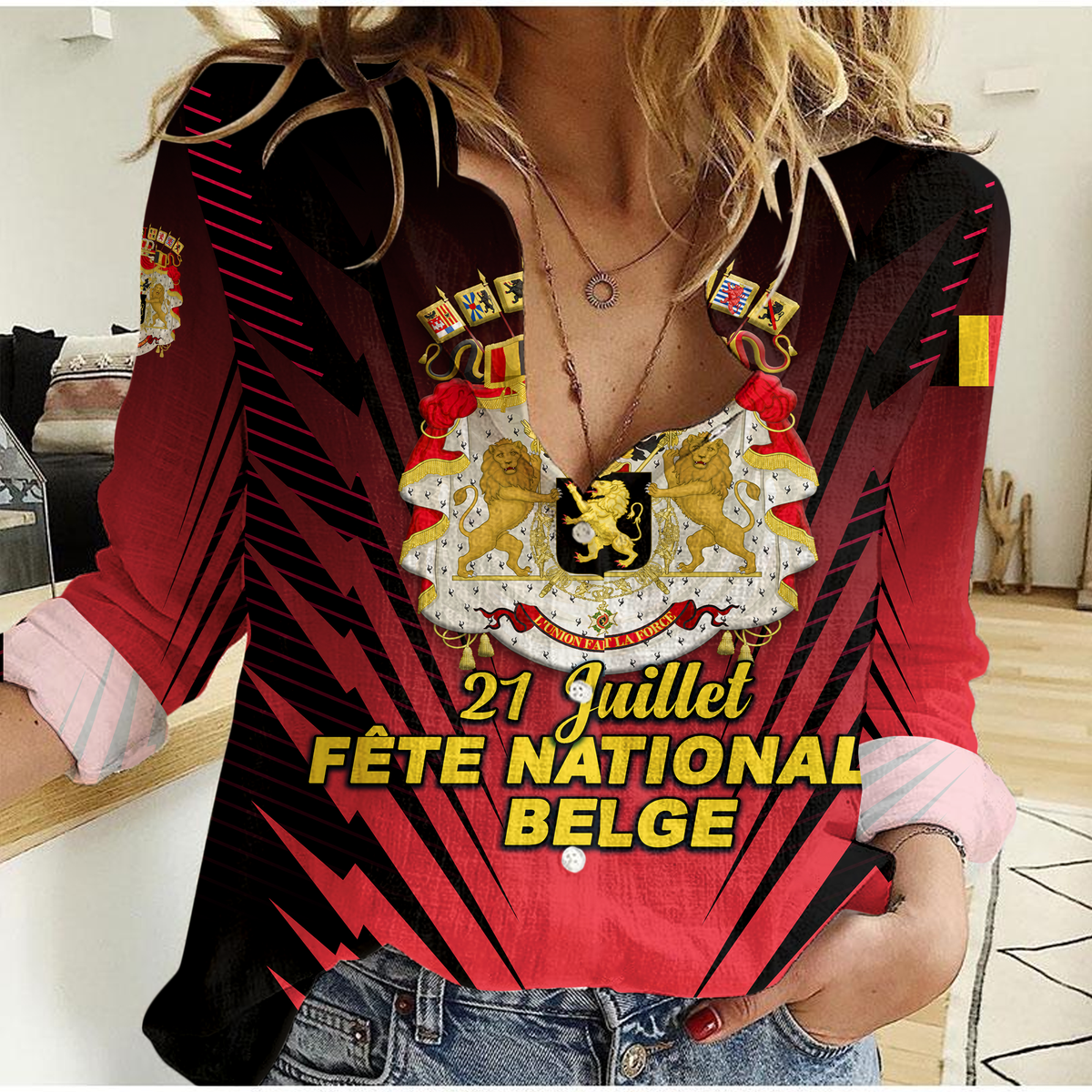 Red women’s casual shirt with Belgian crest and 'FÊTE NATIONALE BELGE' graphic