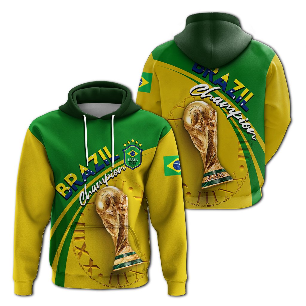 Brazil football hoodie set: green and yellow with gold graphic, hooded front and back