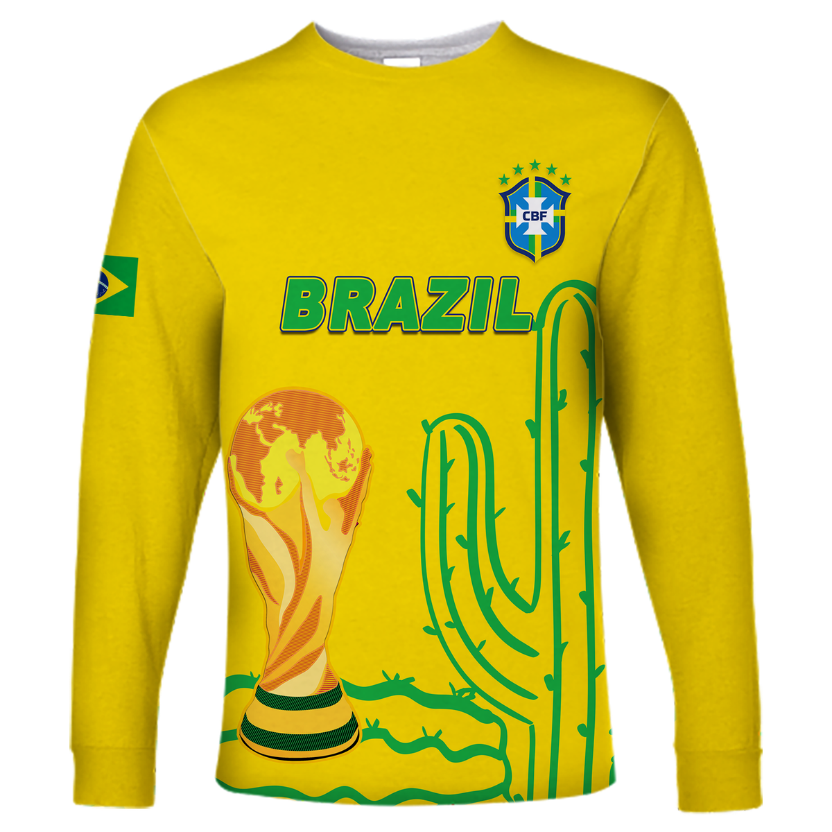 Yellow long-sleeve football shirt with Brazil print, CBF crest, and world cup graphic