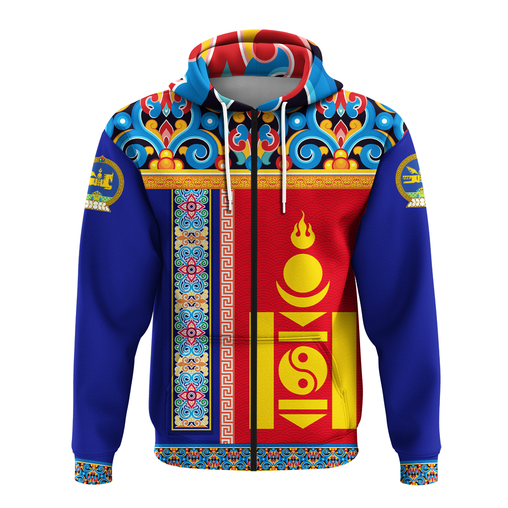 Blue zip hoodie with colorful geometric graphic front and patterned cuffs