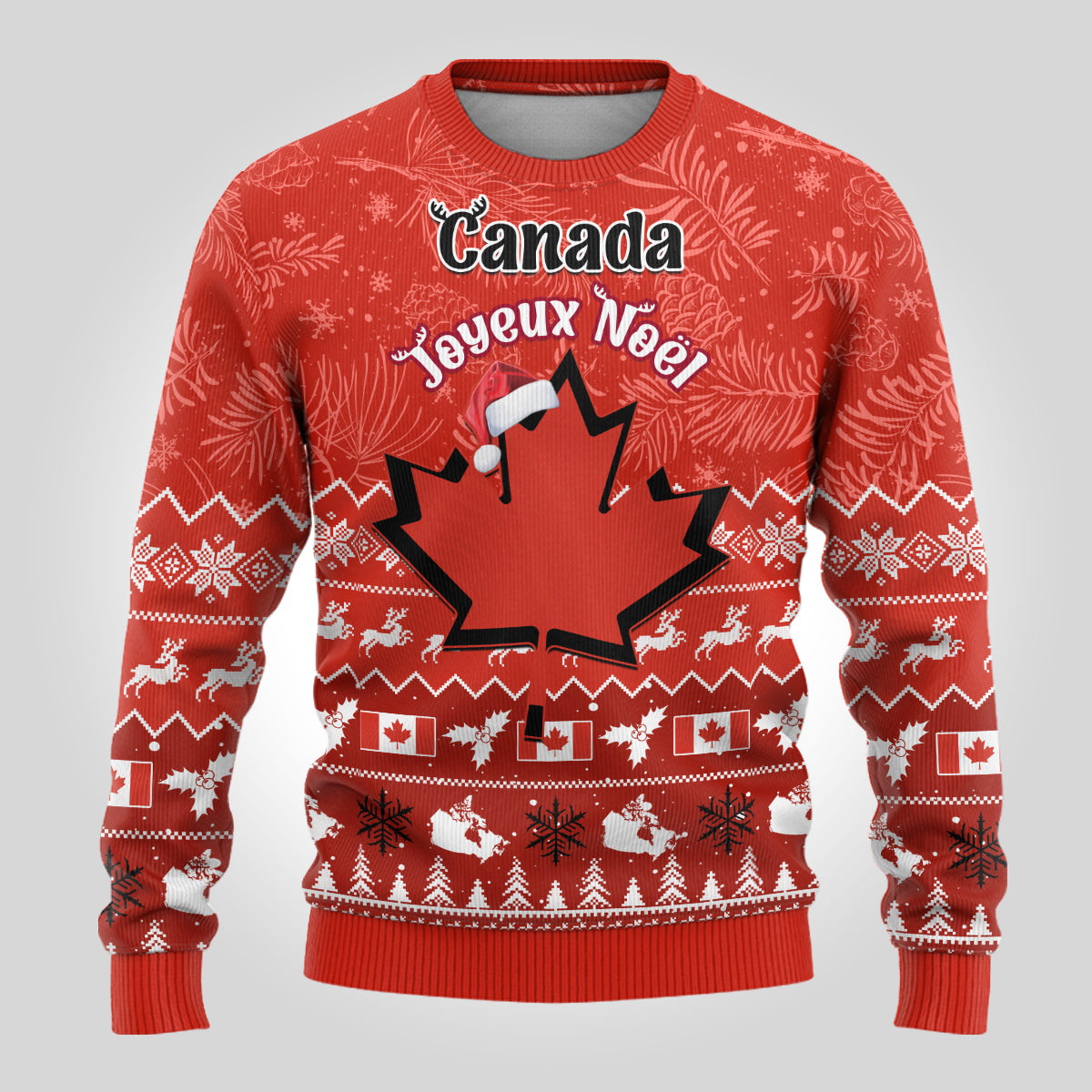 Red ugly Christmas sweater with Canada and Joyeux Noel graphic on front