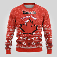Red ugly Christmas sweater with Canada and Joyeux Noel graphic on front