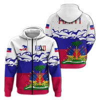 Two white zip hoodies in one view, front crest with waves and palm, back waves.
