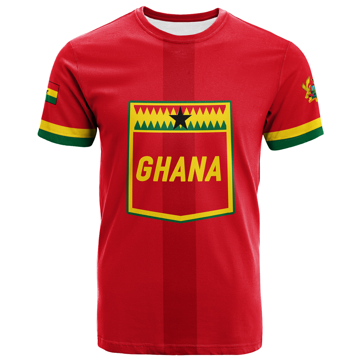 Red football T-shirt with front 'GHANA' emblem and green-yellow sleeve trims