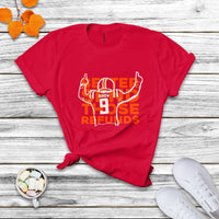 Red crew-neck T-shirt, folded, with centered orange and white "Those Refunds" print