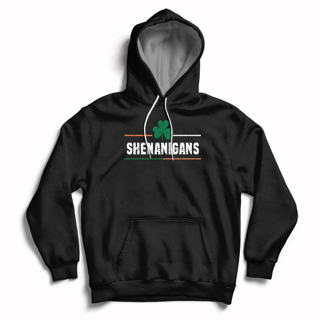 Black St. Patrick’s Day hoodie with green clover graphic, front pocket and drawstring hood