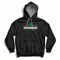 Black St. Patrick’s Day hoodie with green clover graphic, front pocket and drawstring hood