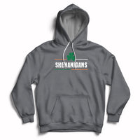 Gray St. Patrick’s Day hoodie with green clover graphic, front pocket and drawstring hood