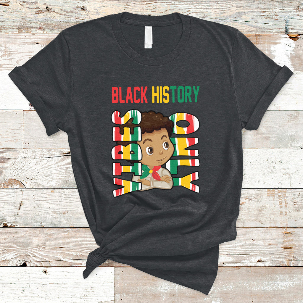 Charcoal gray short-sleeve T-shirt with “BLACK HISTORY” text and colorful figure graphic.