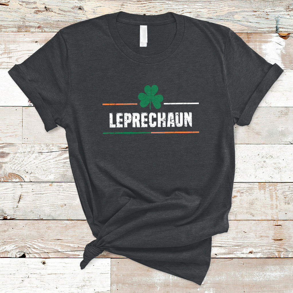Charcoal gray St. Patrick's Day t-shirt with green clover and 'LEPRECHAUN' text