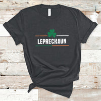 Charcoal gray St. Patrick's Day t-shirt with green clover and 'LEPRECHAUN' text