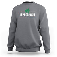 Light gray crewneck sweatshirt with LEPRECHAUN text and green clover icon, long sleeves