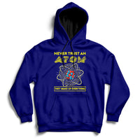 Navy science teacher hoodie with colorful atom graphic and slogan on the chest