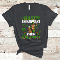 Black St. Patrick's Day graphic T-shirt with leprechaun, green clovers, bold text