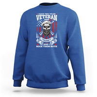 Royal blue crewneck sweatshirt with Veteran graphic, grumpy skull and flags on chest.