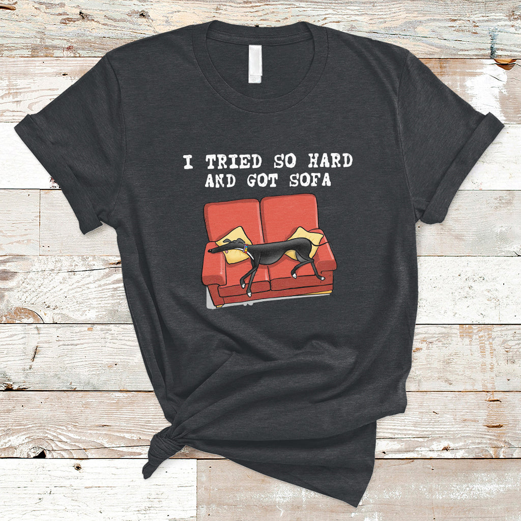 Black graphic T-shirt with dog on sofa and quote "I tried so hard"