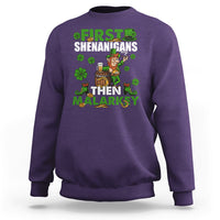 Adult St. Patrick's sweatshirt in purple with leprechaun and clover front graphic