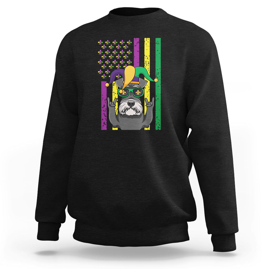 Black crewneck sweatshirt with colorful dog graphic and Mardi Gras-style stripes on front