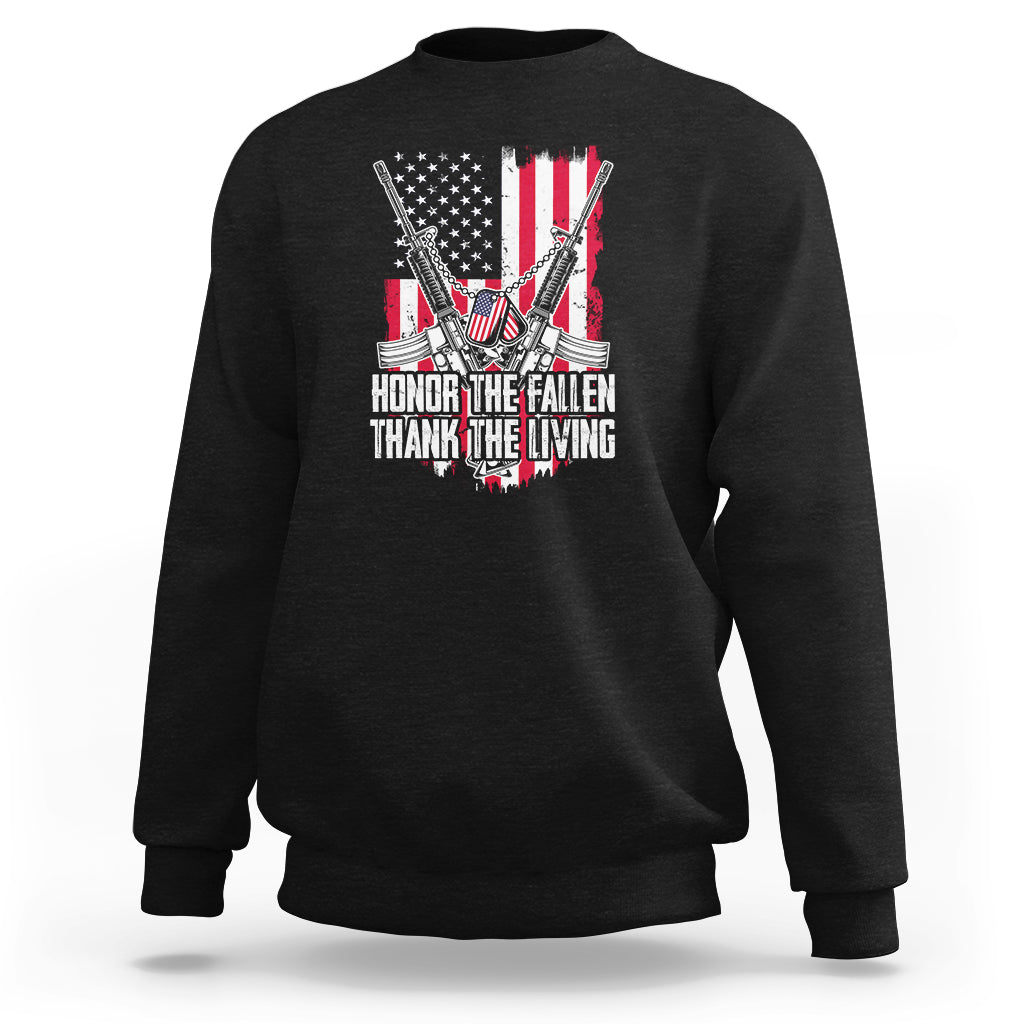Black crewneck sweatshirt with patriotic eagle graphic and “Honor the Fallen Thank the Living” text