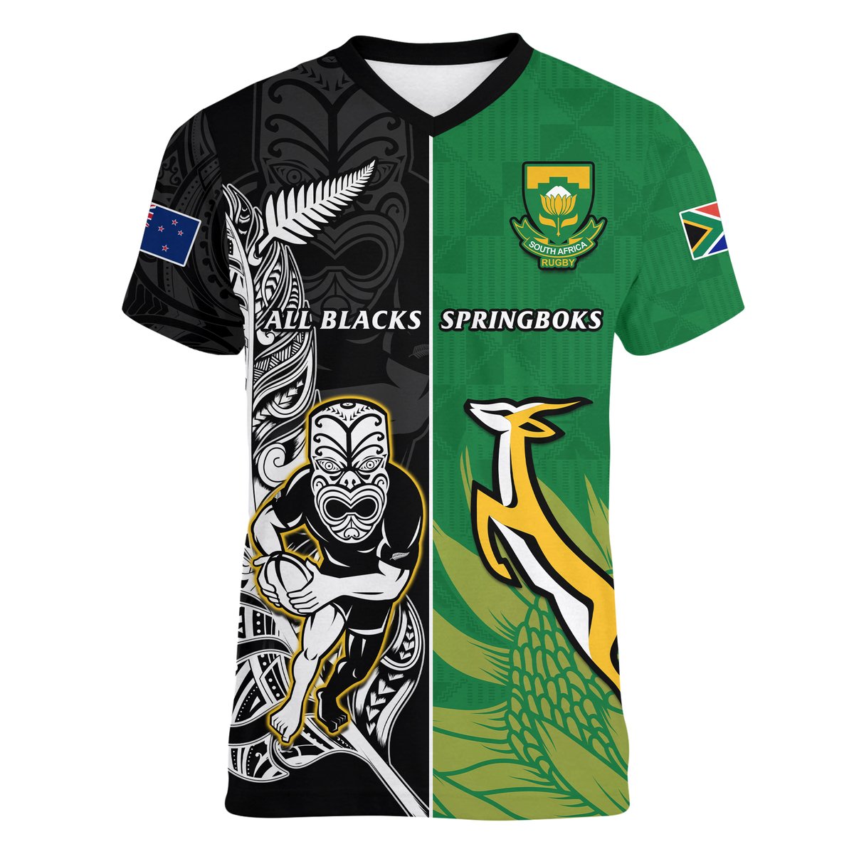 Rugby v-neck t-shirt with green and black panels, crest, and Maori-style graphics