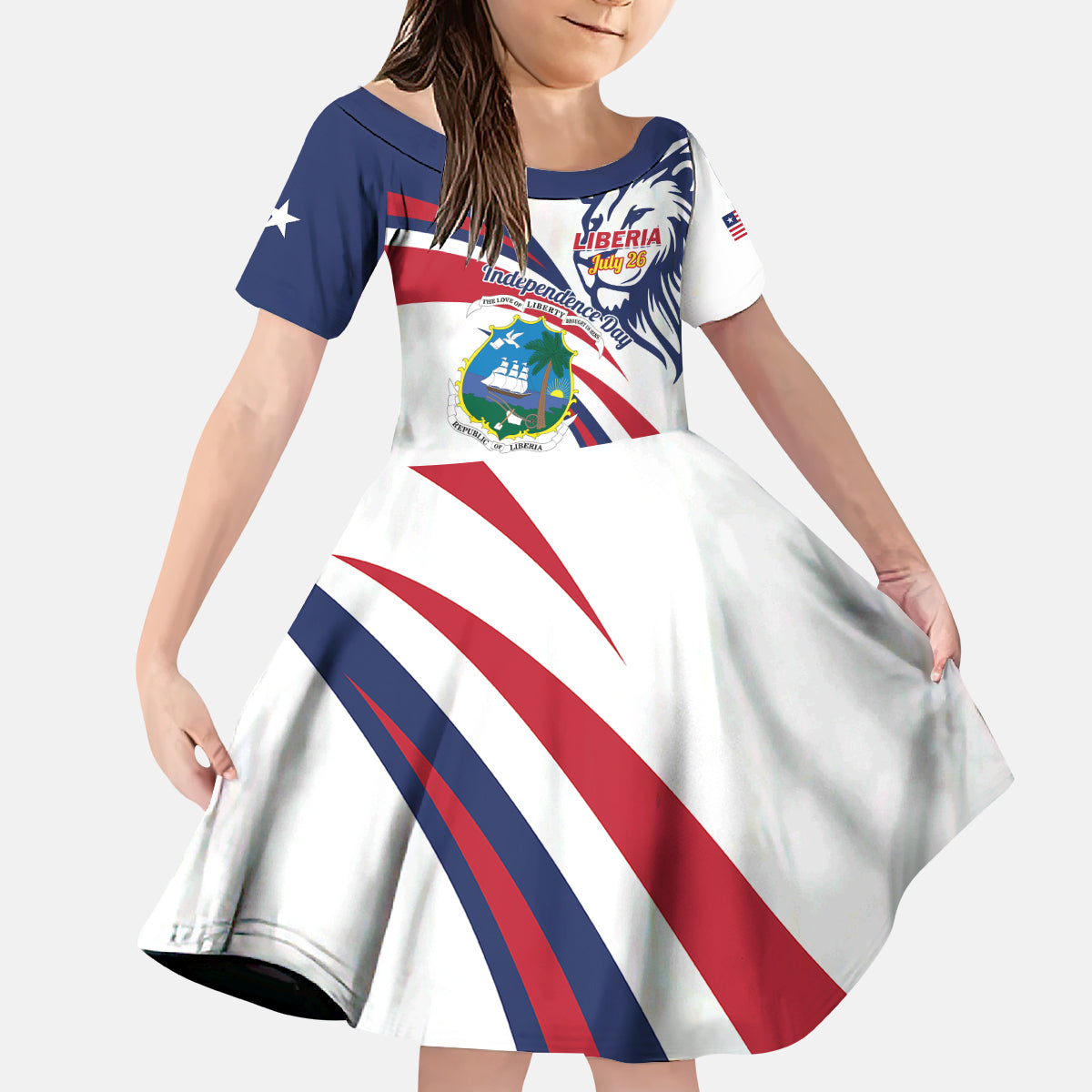 Kids short sleeve dress with Liberia logo and flowing circle crest on white skirt