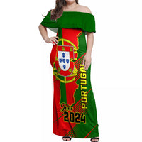 Off-shoulder maxi dress with Portugal map, crest, and "2024" text in red/green