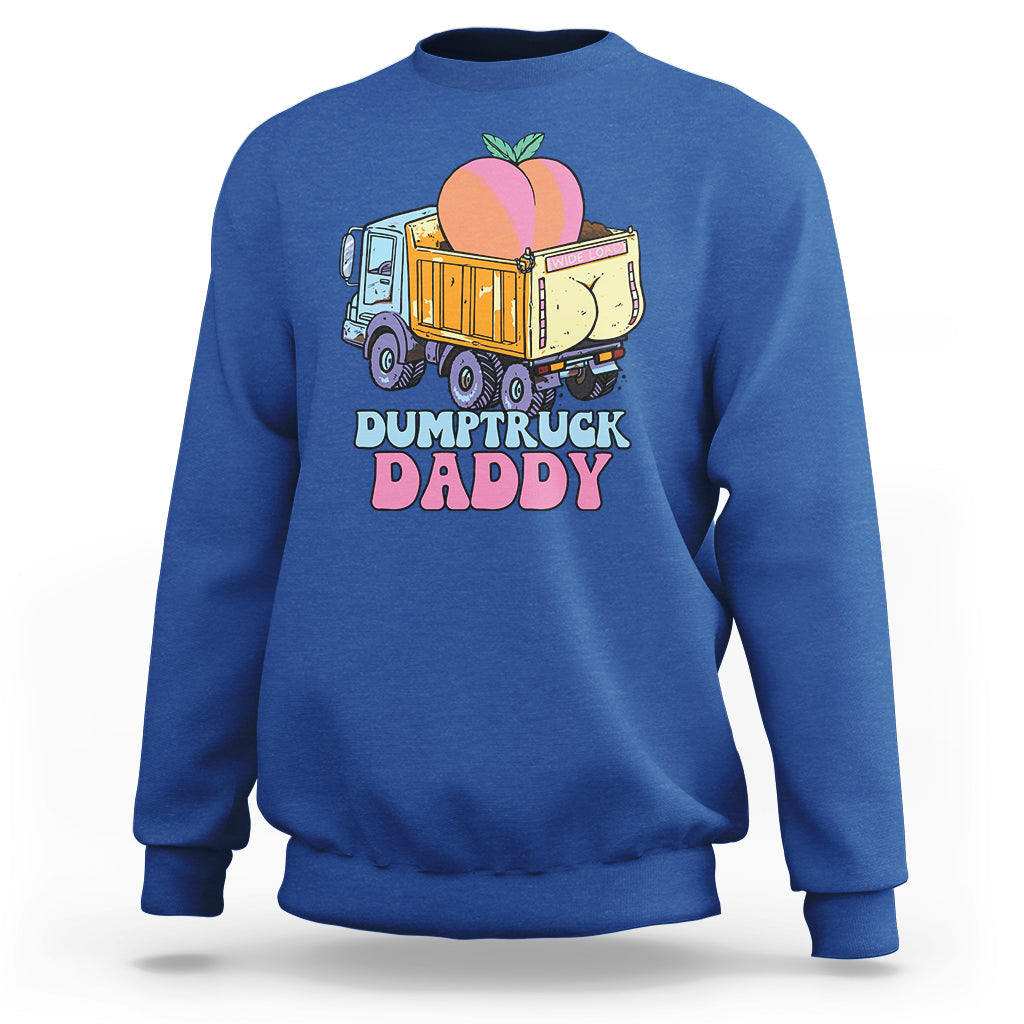 Royal blue crewneck sweatshirt with dump truck and peach graphic, 'Dumptruck Daddy' print