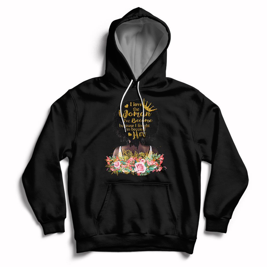Black pullover hoodie with front pocket, drawstring hood, and colorful graphic on chest.