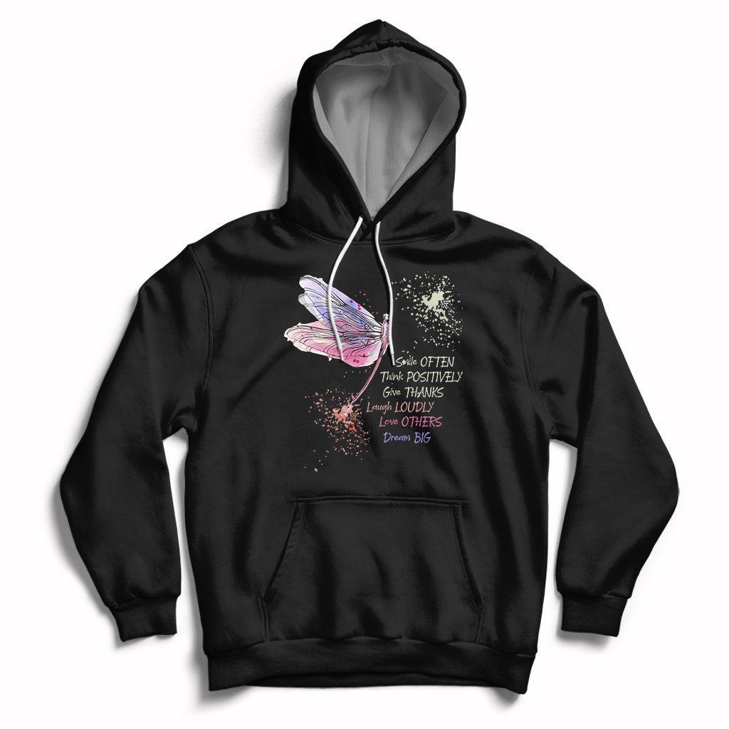 Dragonfly Smile Often Think Positively Give Thank Motivation Hoodie - Wonder Print Shop