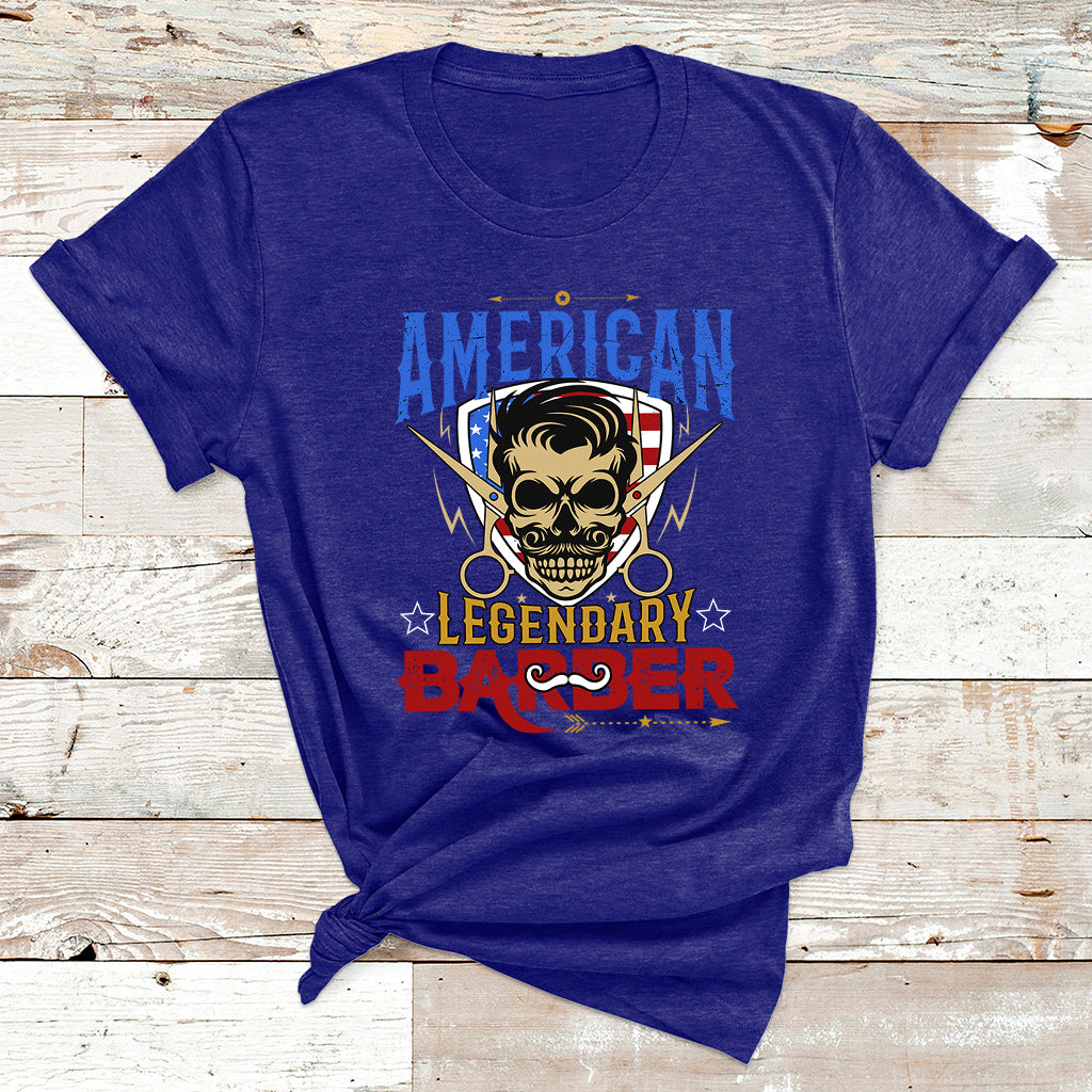 Navy T-shirt featuring American Legendary Barber skull graphic with barber pole icons