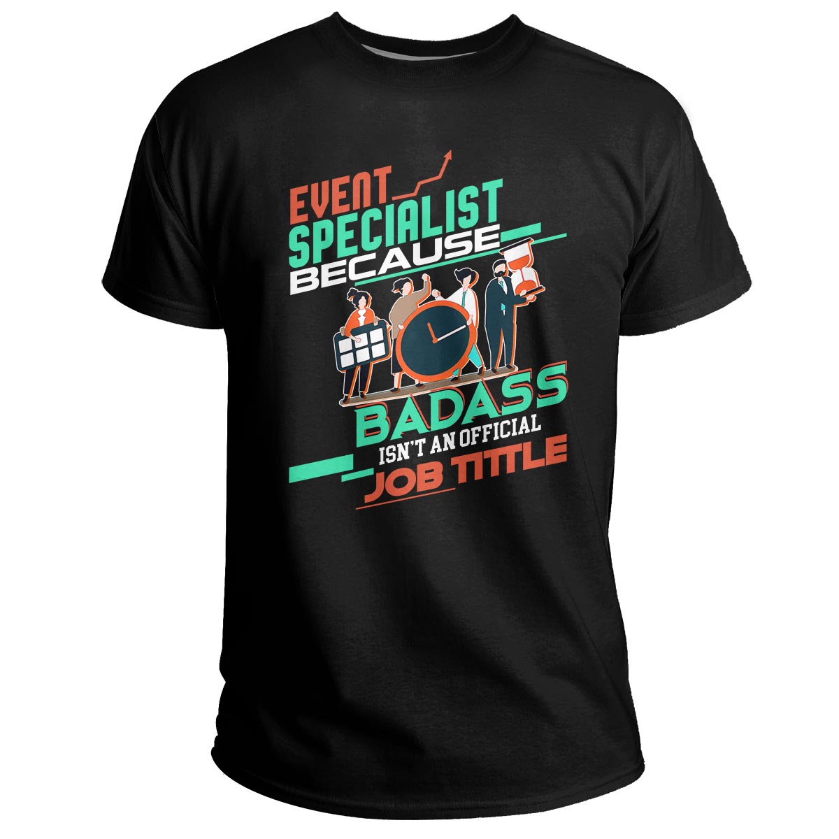 Black graphic T-shirt with Event Specialist text and clock, crew neck