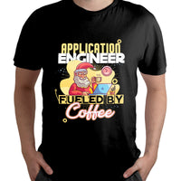 Black crew-neck T-shirt with colorful 'Fueled by Coffee' Application Engineer front print