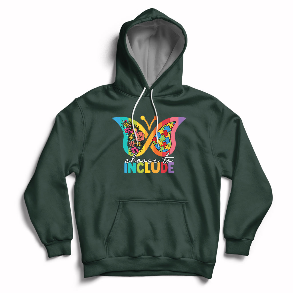 Forest green autism acceptance hoodie with “Choose to Include” graphic, front pocket, hood.