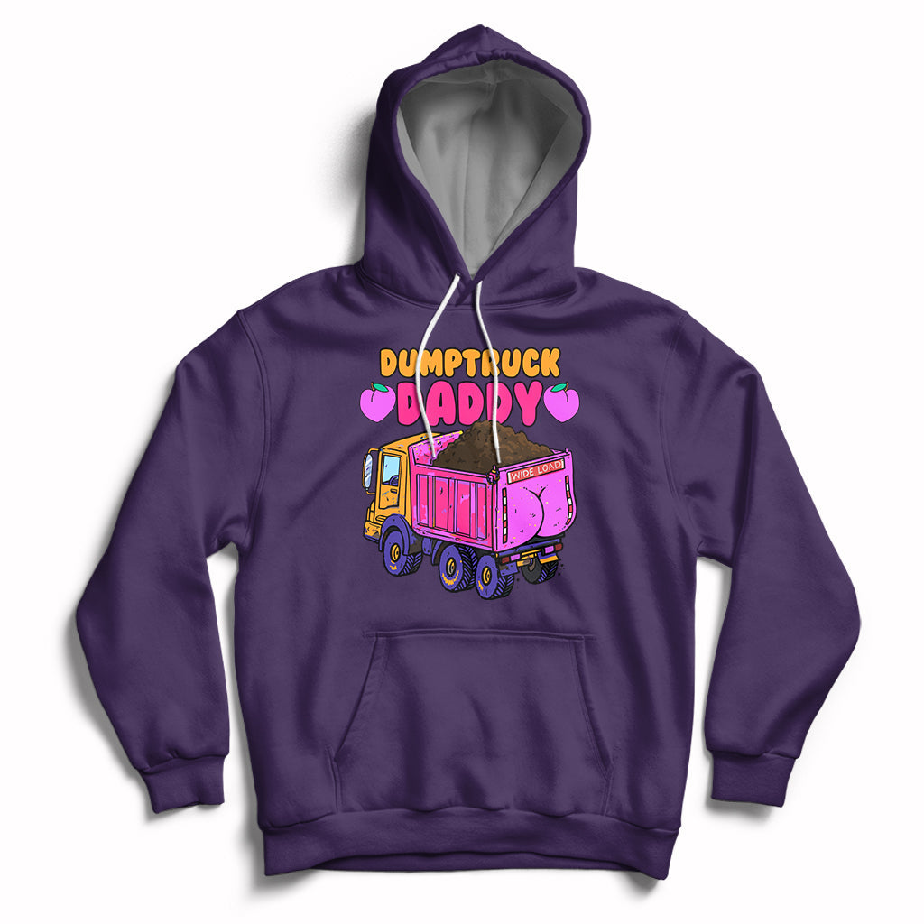 Purple pullover hoodie with Dumptruck Daddy truck graphic, hood and kangaroo pocket