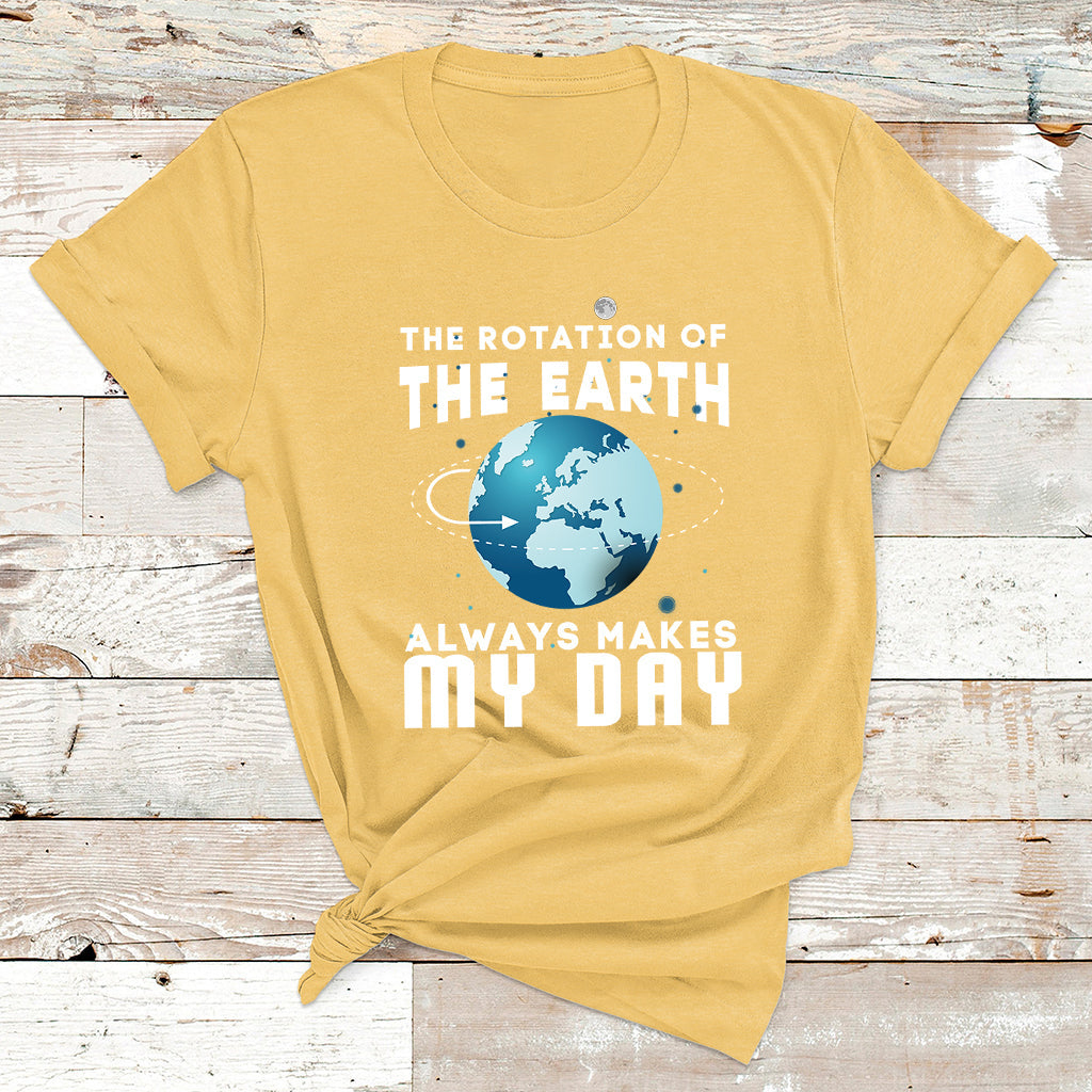 Yellow earth-rotation graphic T-shirt with globe icon and “ALWAYS MAKES MY DAY”