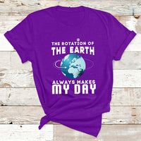 Purple earth-rotation graphic T-shirt with globe icon and “ALWAYS MAKES MY DAY”