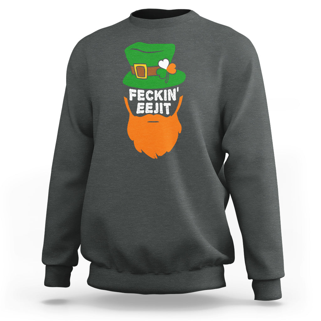 Dark heather gray sweatshirt with front graphic: green hat and orange beard with text.