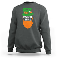 Dark heather gray sweatshirt with front graphic: green hat and orange beard with text.
