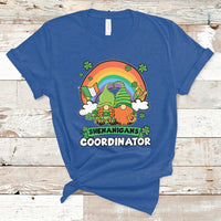 Royal blue gnome t-shirt with rainbow clovers and 'Shenanigans Coordinator' text