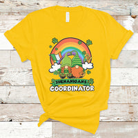 Yellow gnome t-shirt with rainbow clovers and 'Shenanigans Coordinator' text