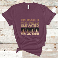 Graphic crewneck T-shirt, maroon, with Educated Motivated Elevated Melanated text print