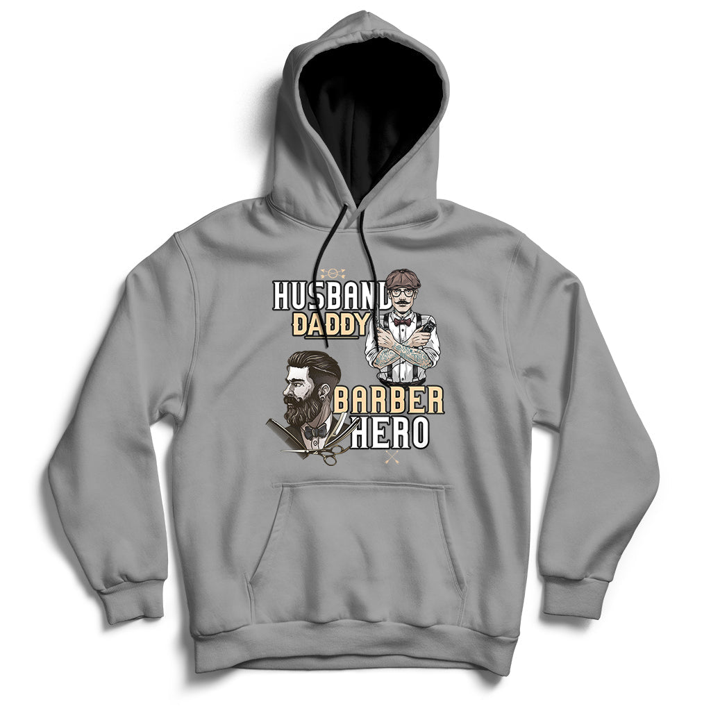 Gray hoodie with front barber-themed graphic, pullover hood and kangaroo pocket