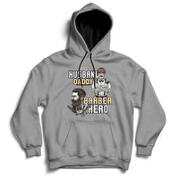 Gray hoodie with front barber-themed graphic, pullover hood and kangaroo pocket