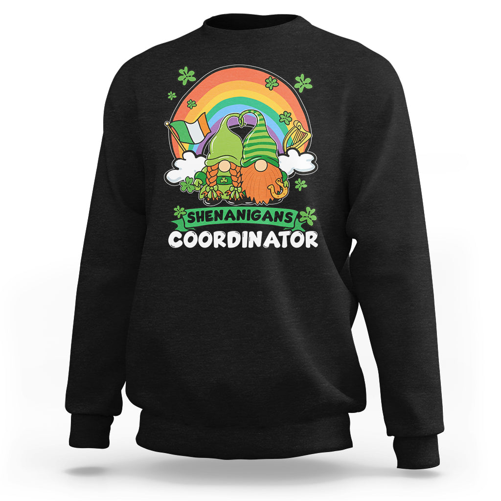 Black crewneck sweatshirt with gnome St. Patrick's Day graphic, Shenanigans Coordinator.
