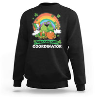 Black crewneck sweatshirt with gnome St. Patrick's Day graphic, Shenanigans Coordinator.