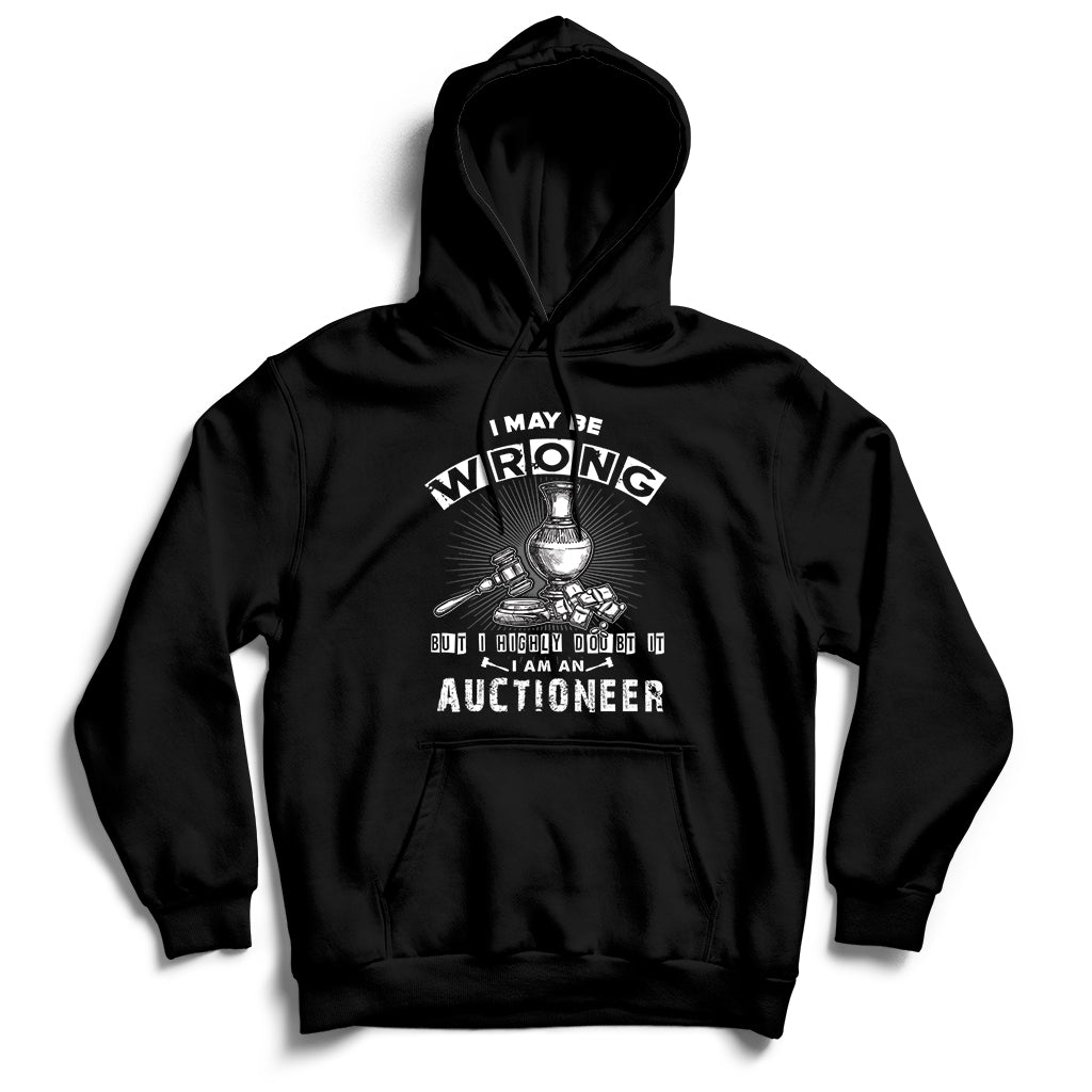 Black auctioneer hoodie with front hood and central lettering graphic