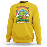 Daisy yellow crewneck sweatshirt with gnome St. Patrick's Day graphic, Shenanigans Coordinator.